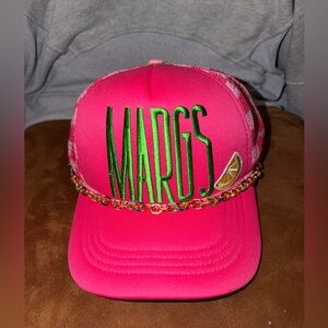 Hot Pink “MARGS” Puff Letter Trucker Hat • Neon Green • Chain Detail